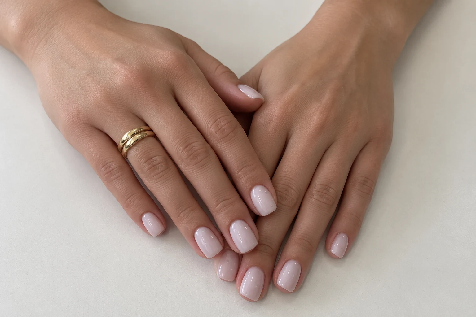 Mains aux ongles carrés rose laiteux sur un fond clair.