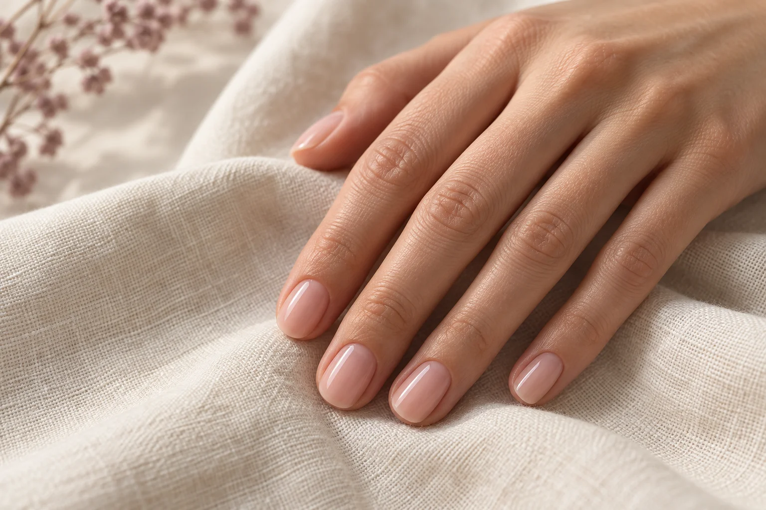 Manucure nude rosée sur des ongles courts et arrondis.