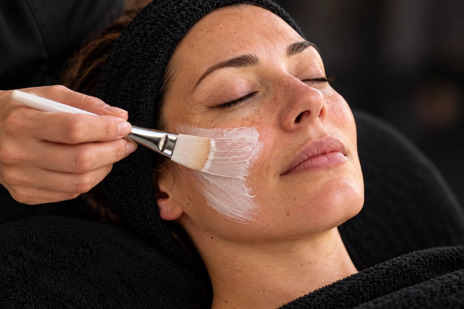 Application d’un masque au pinceau sur le visage d’une femme, avec un bandeau et du linge noirs.