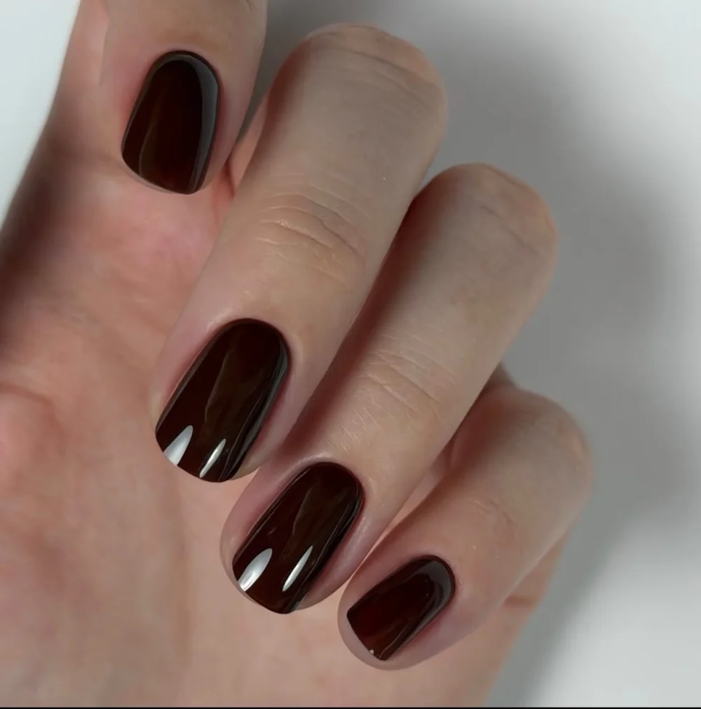 Ongles courts arrondis, laqués marron profond sur fond clair.