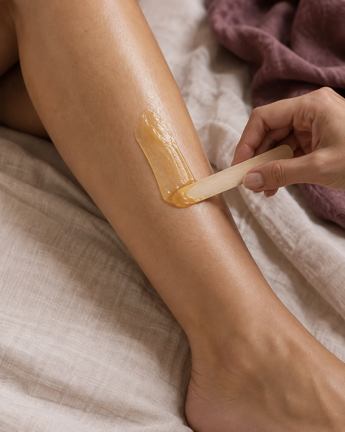 Application de cire sur le bas de la jambe